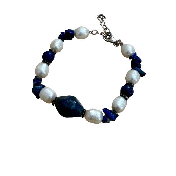Pearl, Lapis Lazuli and Sterling Silver Tennis Bracelet - Picture 3 of 7